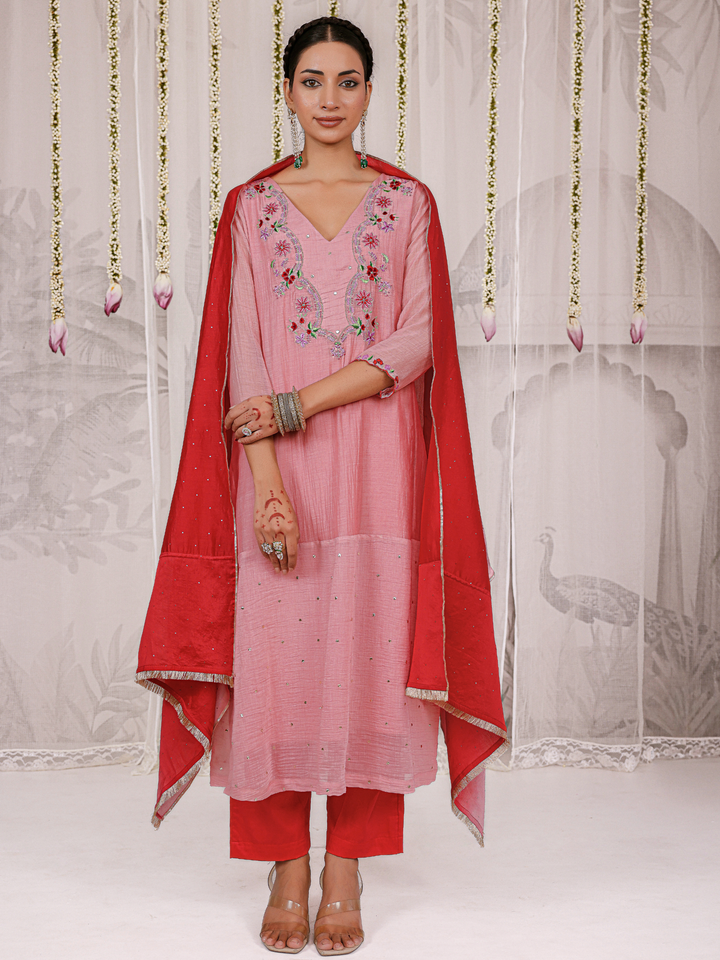 Blush Pink Kurta Set With Floral Embroidered Yoke