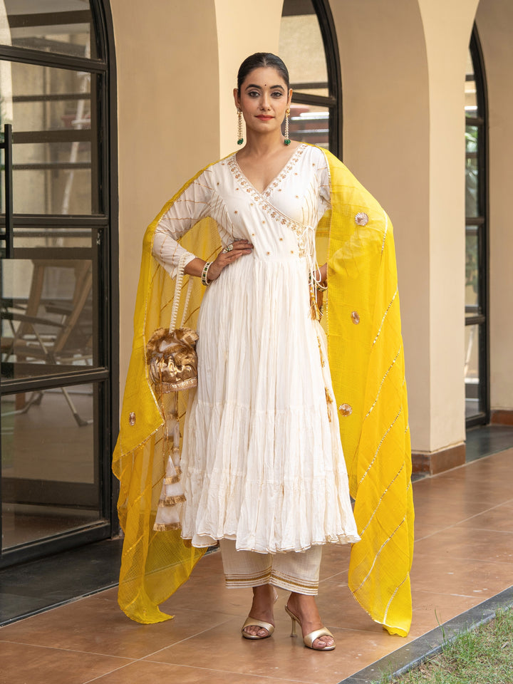 Ivory Angrakha With Embroidered bodice Paired With Matching Pants & Dupatta