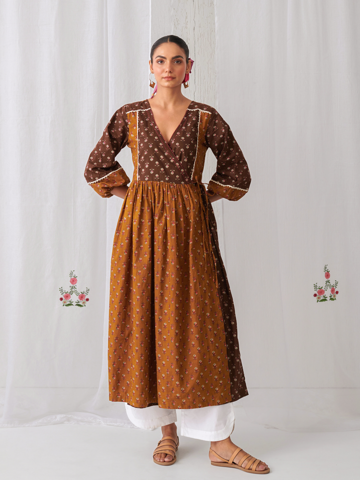 Brown & Olive Floral Angrakha Kurta Paired With  Curved  Hem White Pants