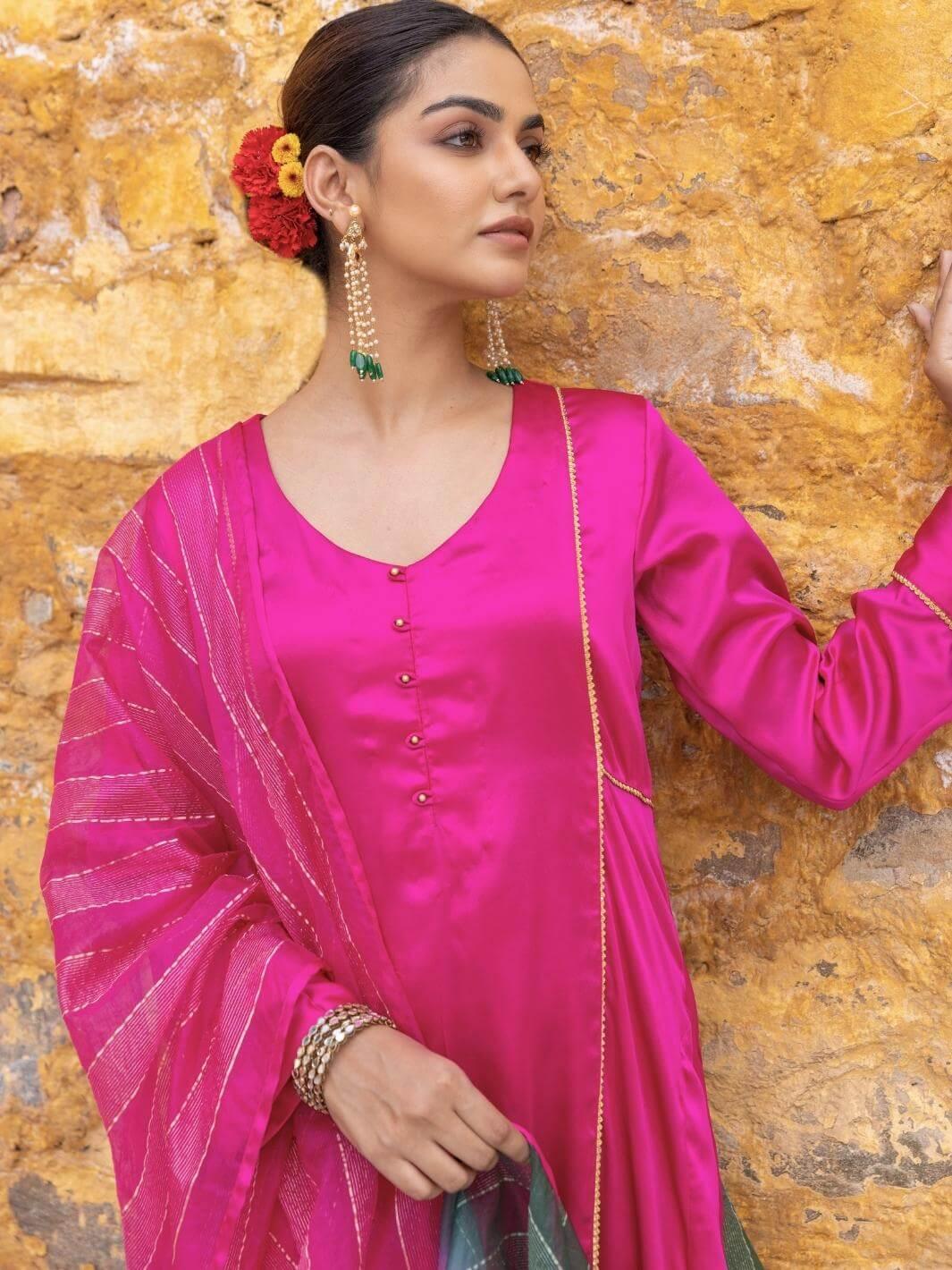 Fuchsia Satin A-Line Kurta Set with Ombre Dupatta - Myaara