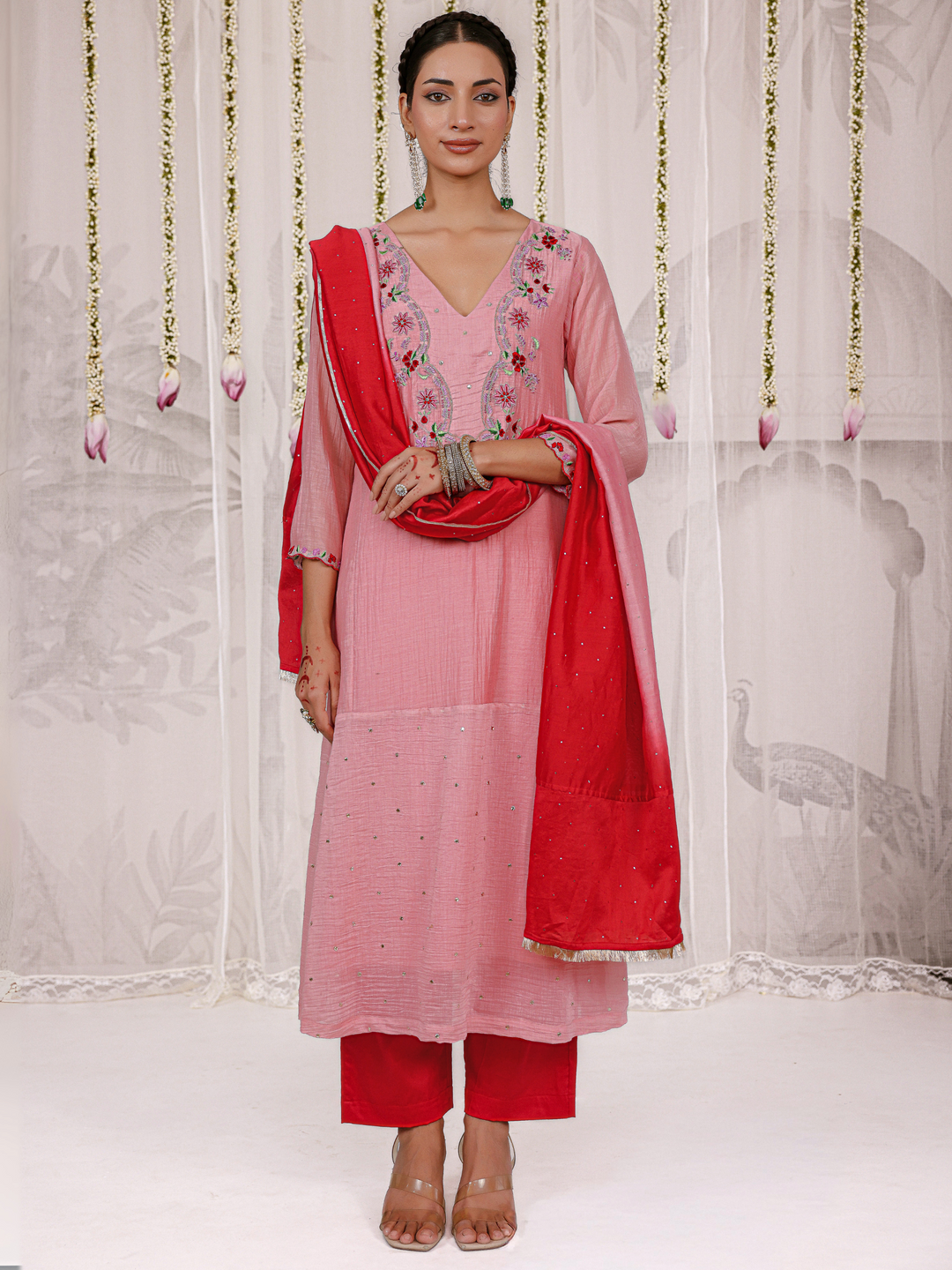 Blush Pink Kurta Set With Floral Embroidered Yoke