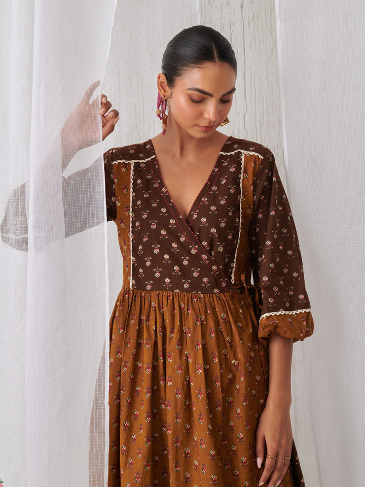 Brown & Olive Floral Angrakha Kurta Paired With  Curved  Hem White Pants