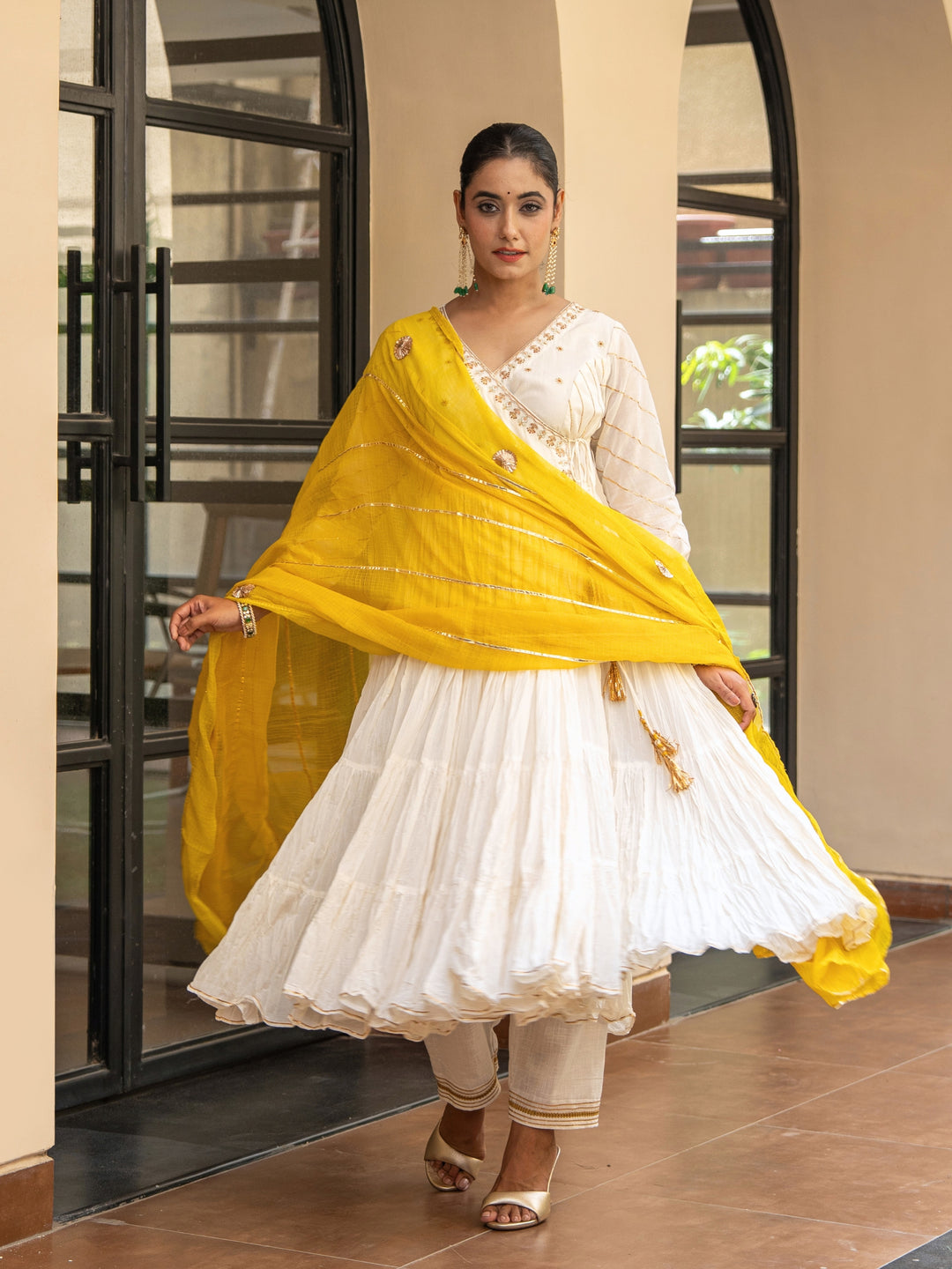 Ivory Angrakha With Embroidered bodice Paired With Matching Pants & Dupatta