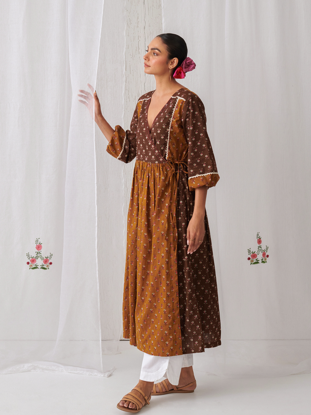 Brown & Olive Floral Angrakha Kurta Paired With  Curved  Hem White Pants