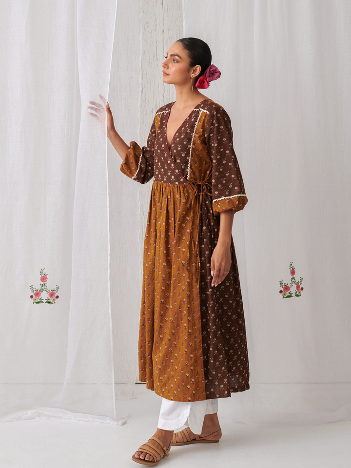 Brown & Olive Floral Angrakha Kurta Paired With  Curved  Hem White Pants