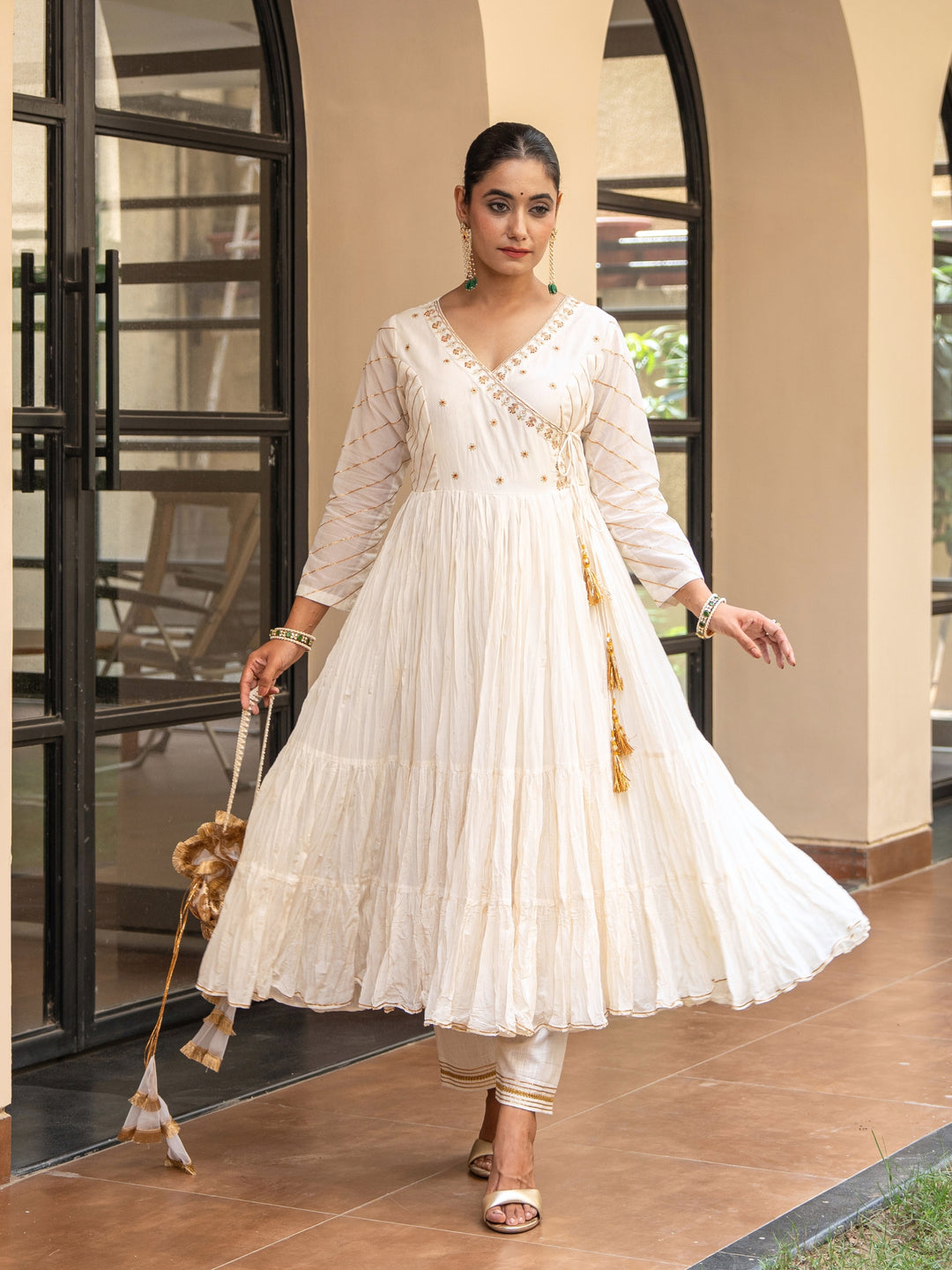 Ivory Angrakha With Embroidered bodice Paired With Matching Pants & Dupatta