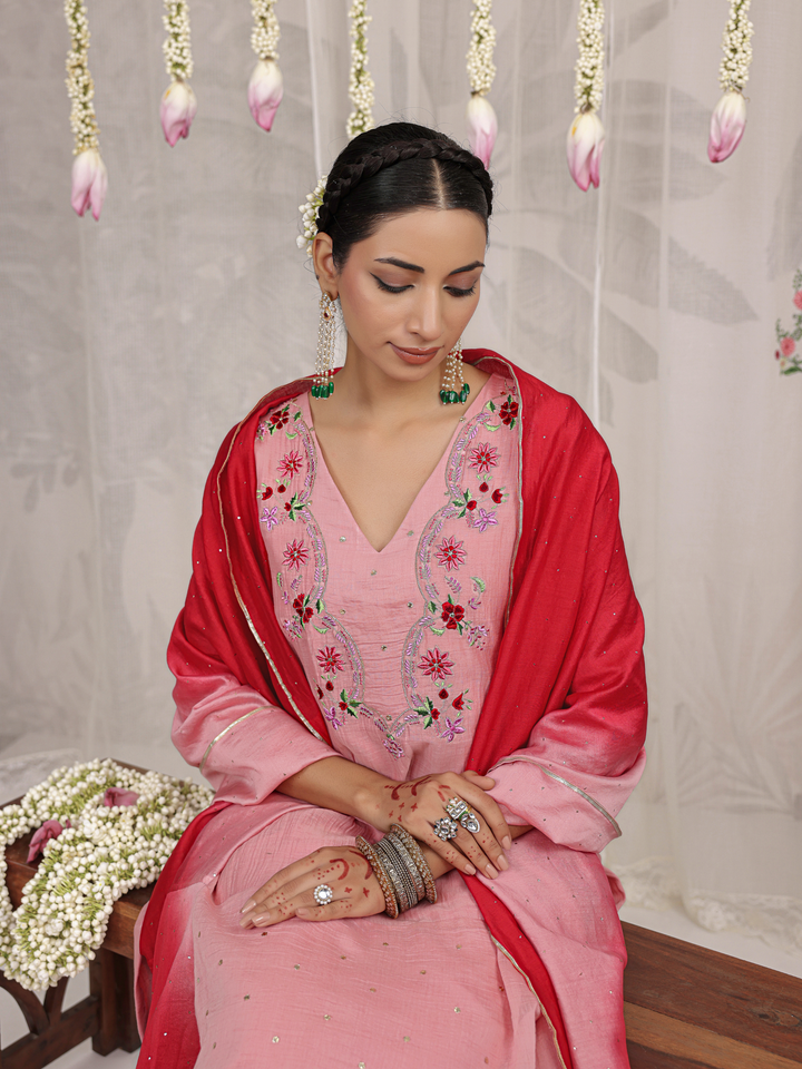 Blush Pink Kurta Set With Floral Embroidered Yoke