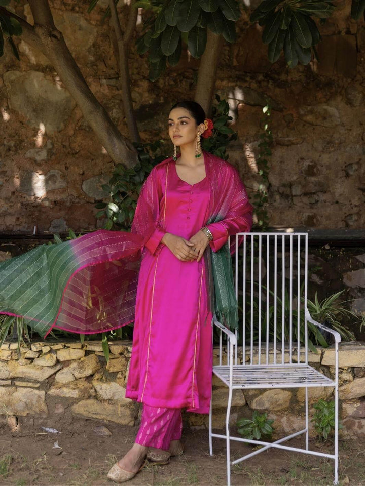 Fuchsia Satin A-Line Kurta Set with Ombre Dupatta - Myaara