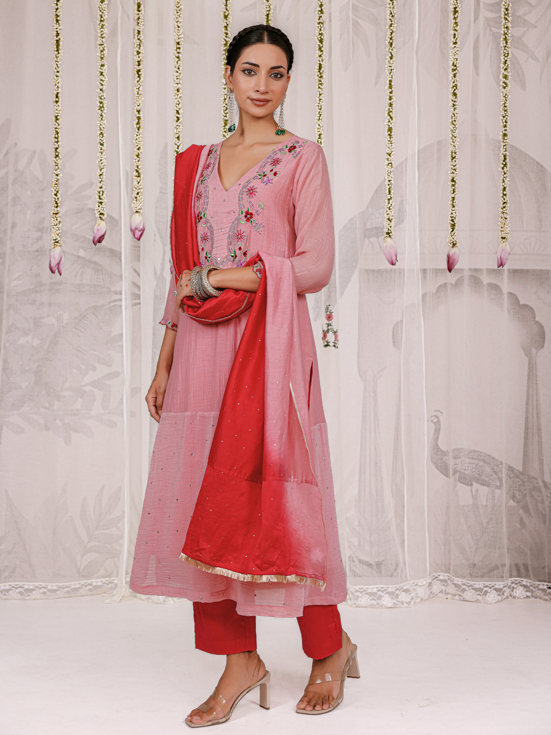 Blush Pink Kurta Set With Floral Embroidered Yoke