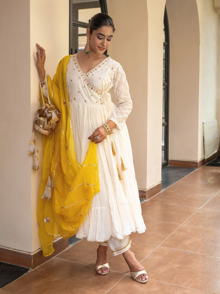 Ivory Angrakha With Embroidered bodice Paired With Matching Pants & Dupatta