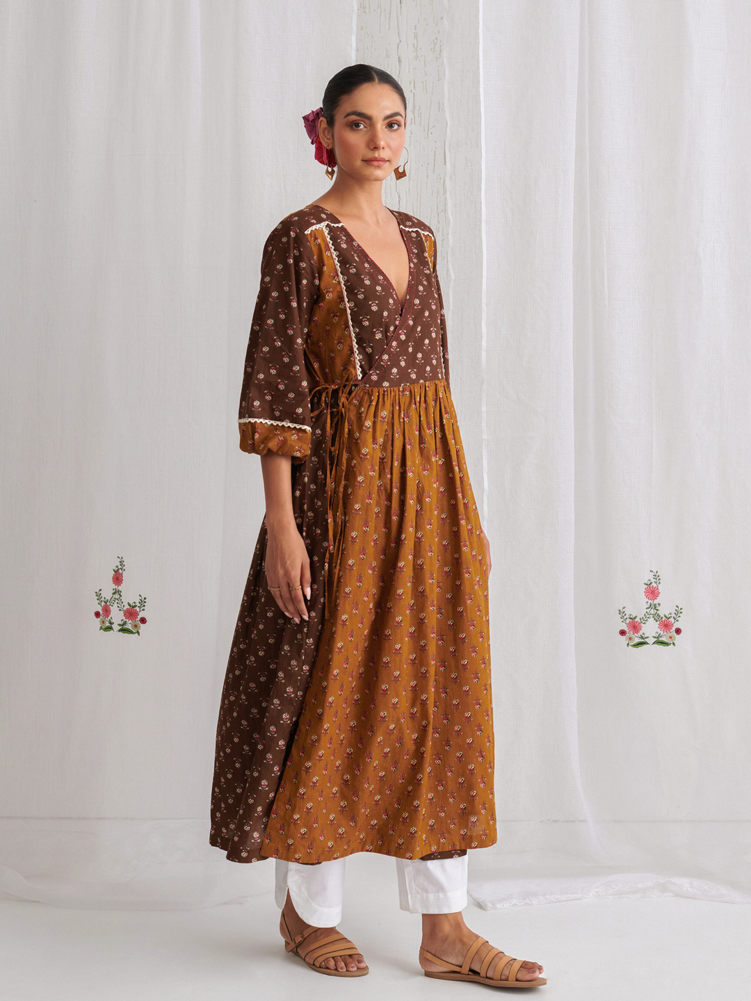 Brown & Olive Floral Angrakha Kurta Paired With  Curved  Hem White Pants
