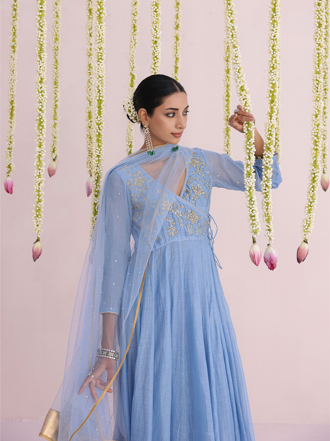 Dusty Blue Angarakha With Embroidered Yoke