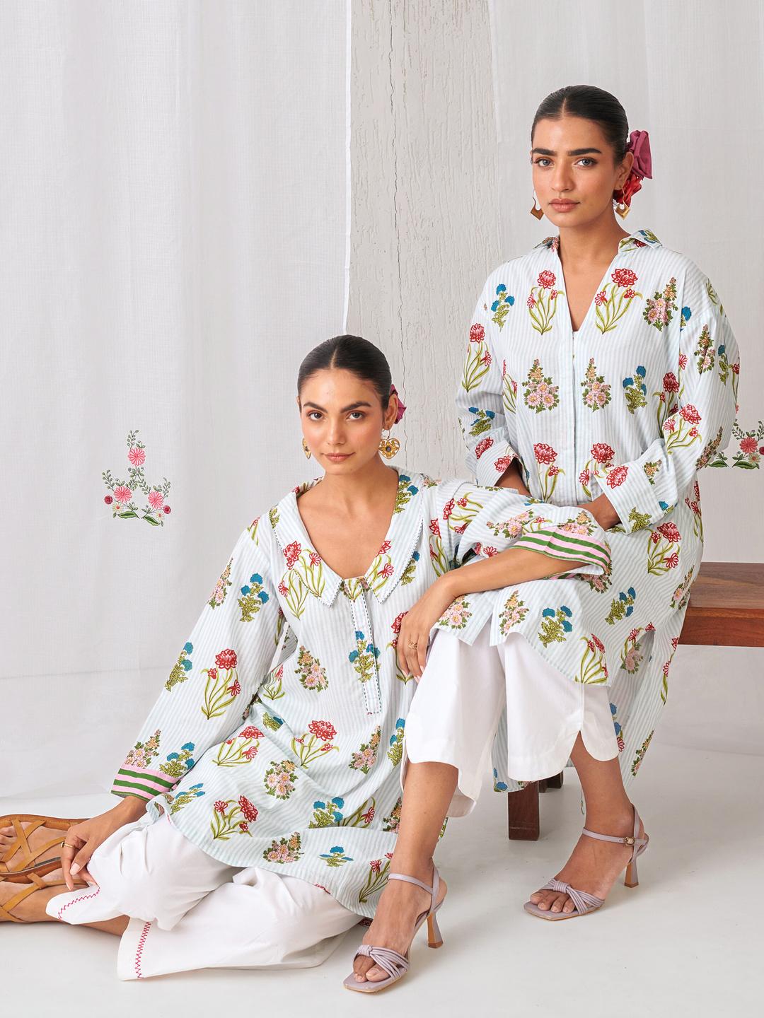 Aqua Floral Shirt Style Kurta Paired With Curved  Hem White Pants