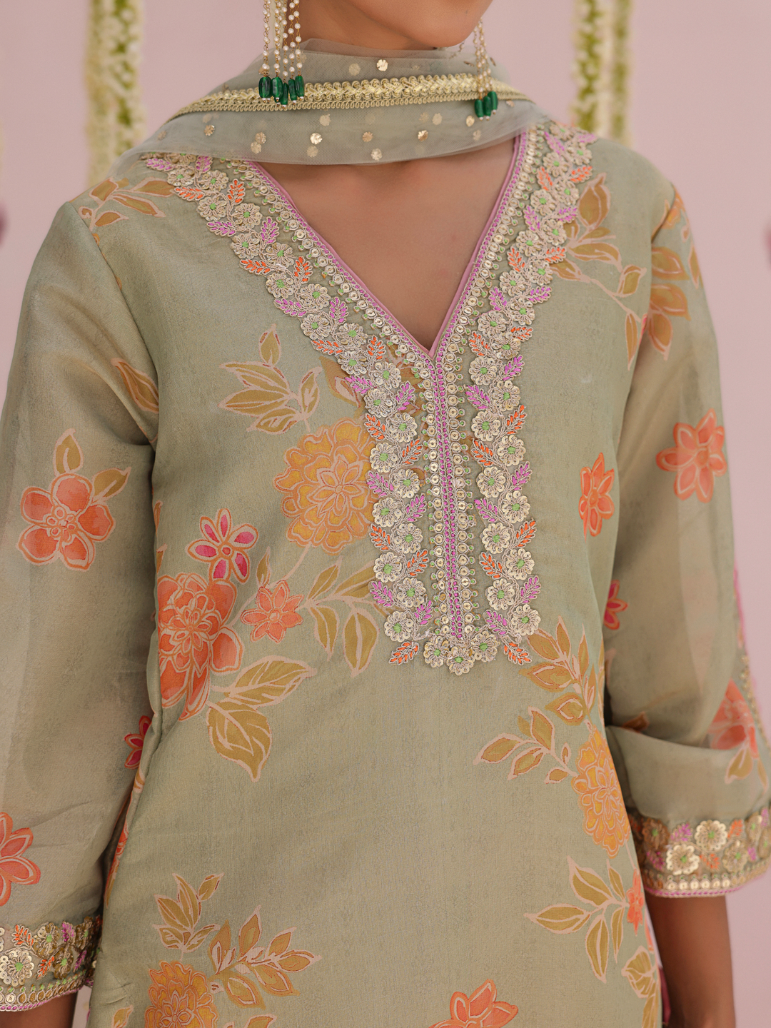 Mint Kurta Set With Floral Print & Embroidered Neckline