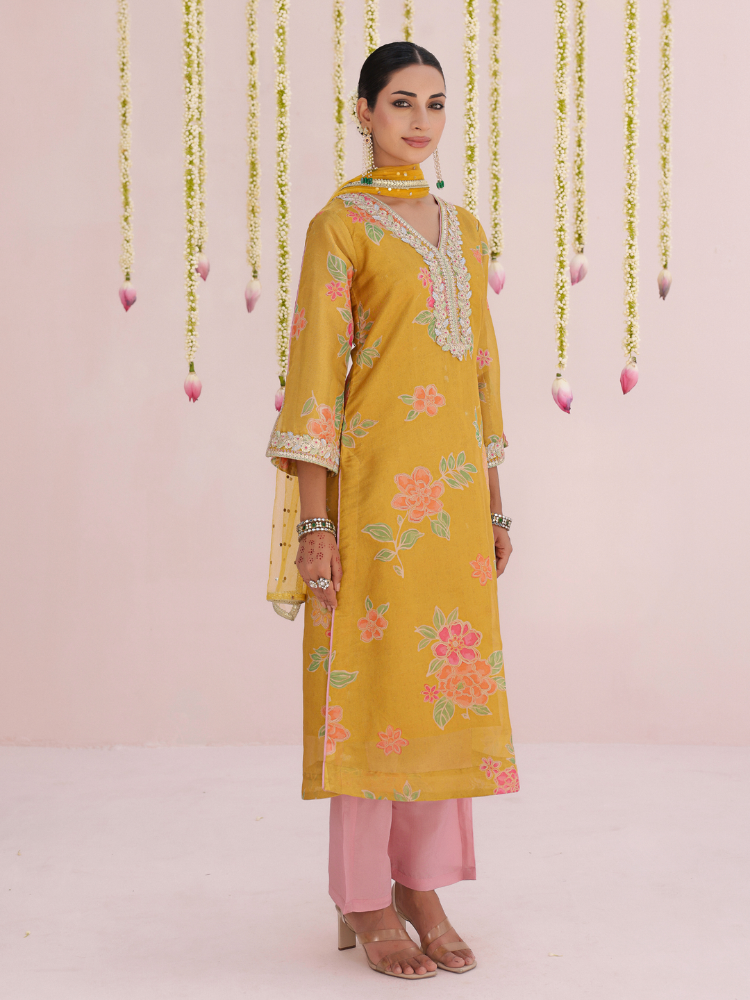 Mustard Kurta Set With Floral Print & Embroidered Neckline