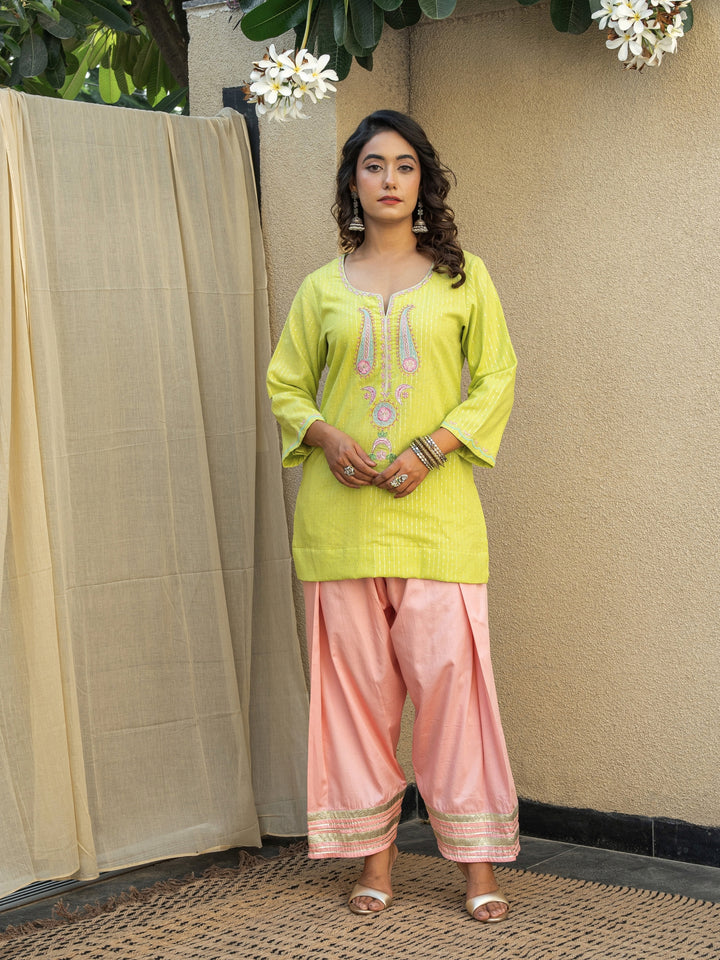 Lime Green Short Embroidered Kurta Paired With Farshi & Ombre Dupatta