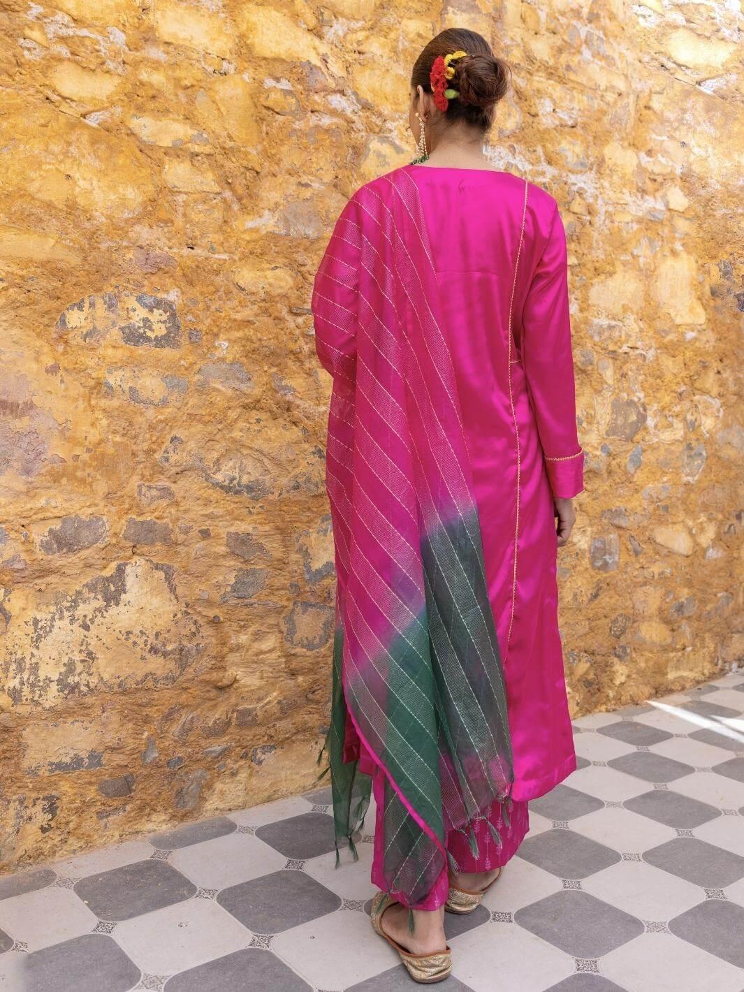 Fuchsia Satin A-Line Kurta Set with Ombre Dupatta - Myaara