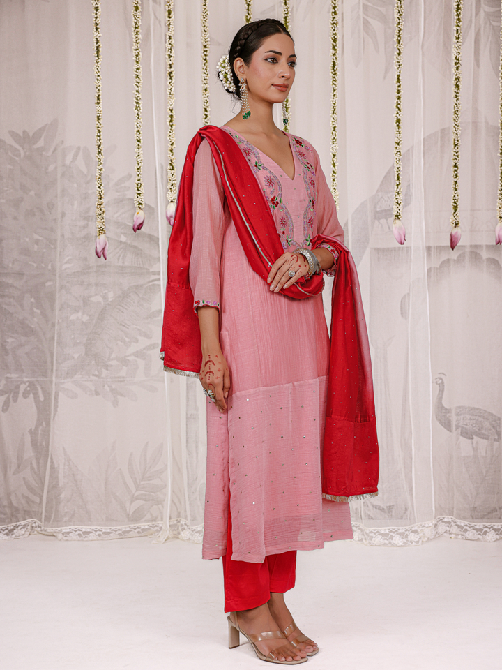 Blush Pink Kurta Set With Floral Embroidered Yoke