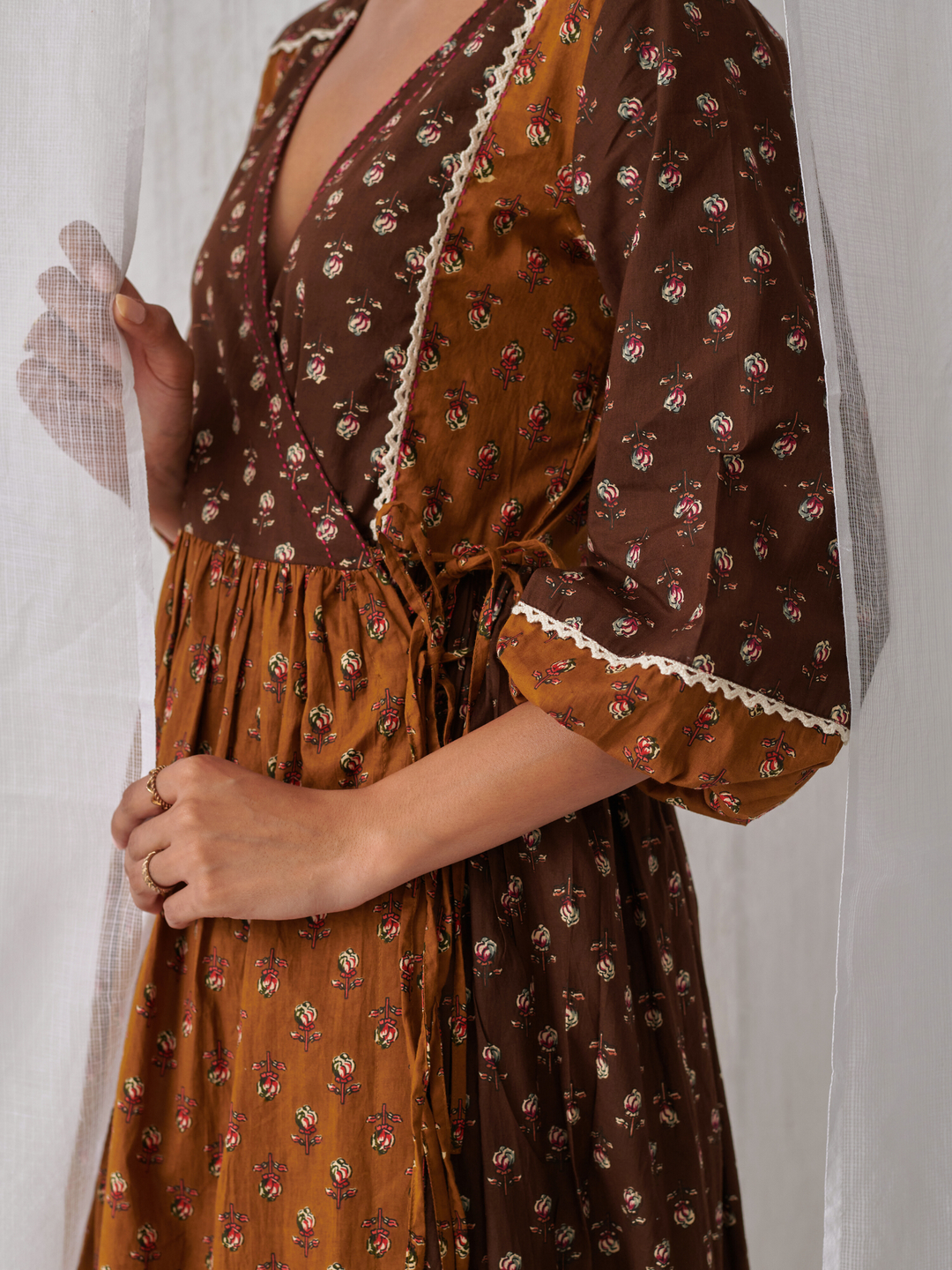 Brown & Olive Floral Angrakha Kurta Paired With  Curved  Hem White Pants