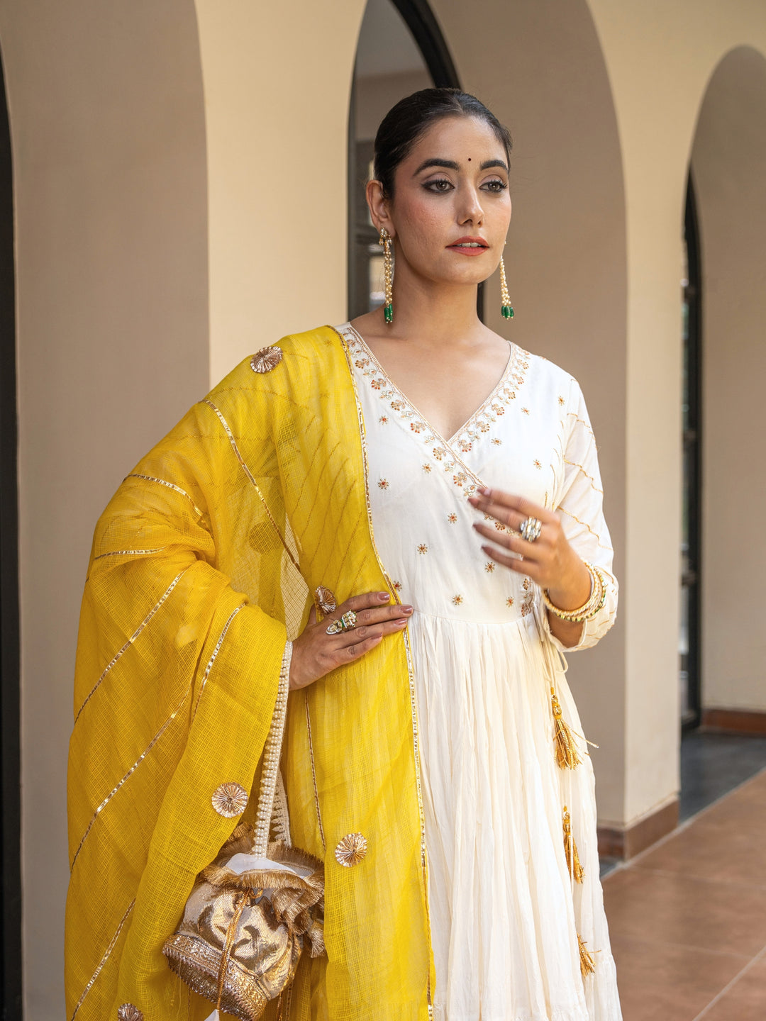 Ivory Angrakha With Embroidered bodice Paired With Matching Pants & Dupatta