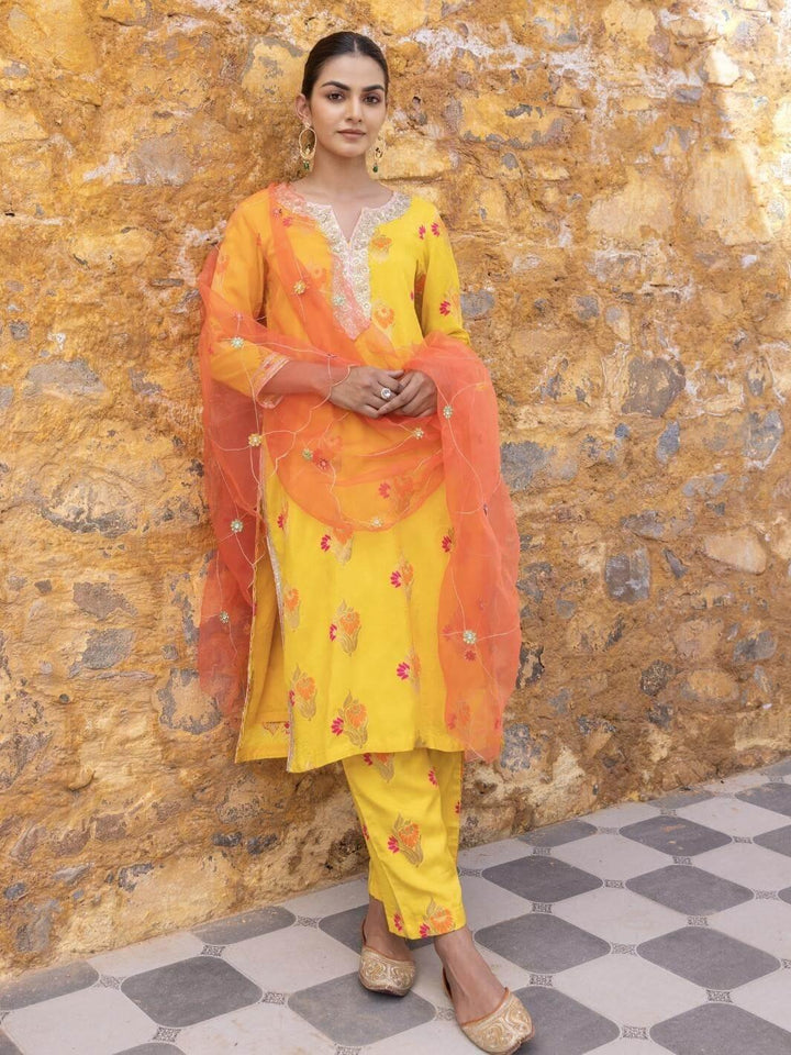 Yellow Ethnic Straight Kurta Set with Embroidered Dupatta - Myaara