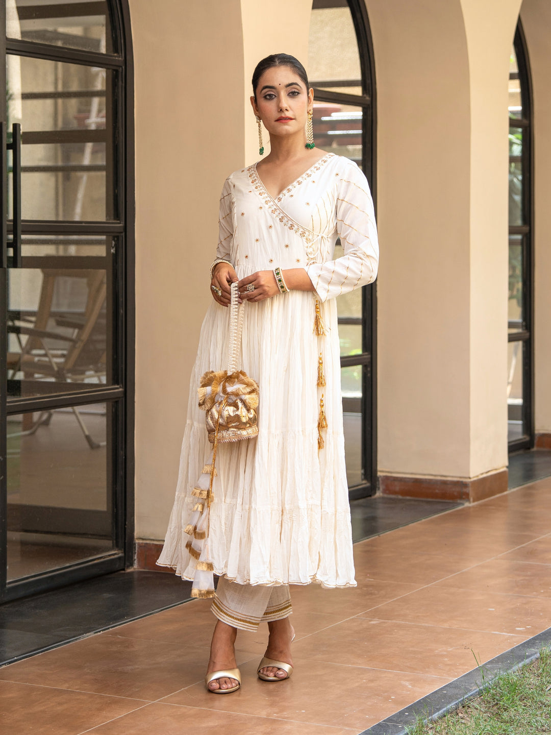 Ivory Angrakha With Embroidered bodice Paired With Matching Pants & Dupatta