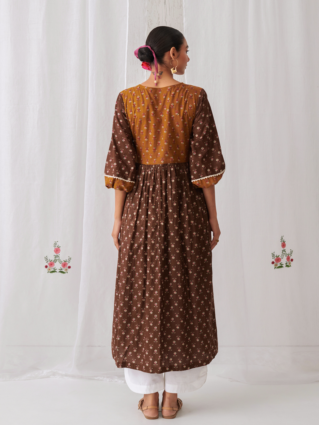 Brown & Olive Floral Angrakha Kurta Paired With  Curved  Hem White Pants