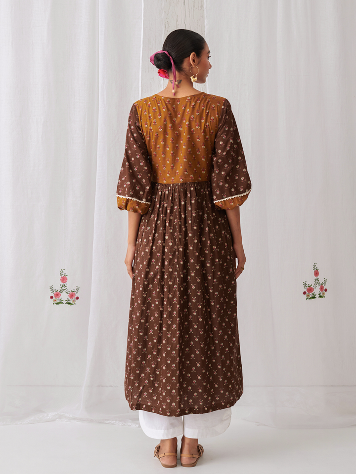 Brown & Olive Floral Angrakha Kurta Paired With  Curved  Hem White Pants