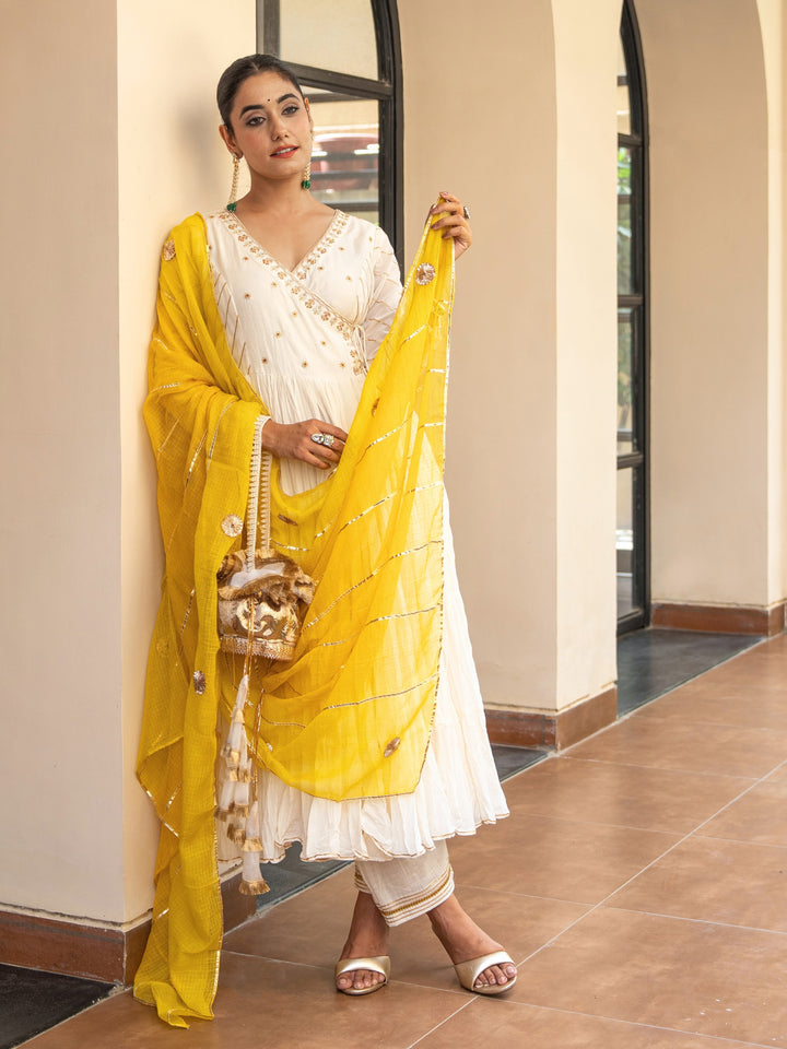 Ivory Angrakha With Embroidered bodice Paired With Matching Pants & Dupatta