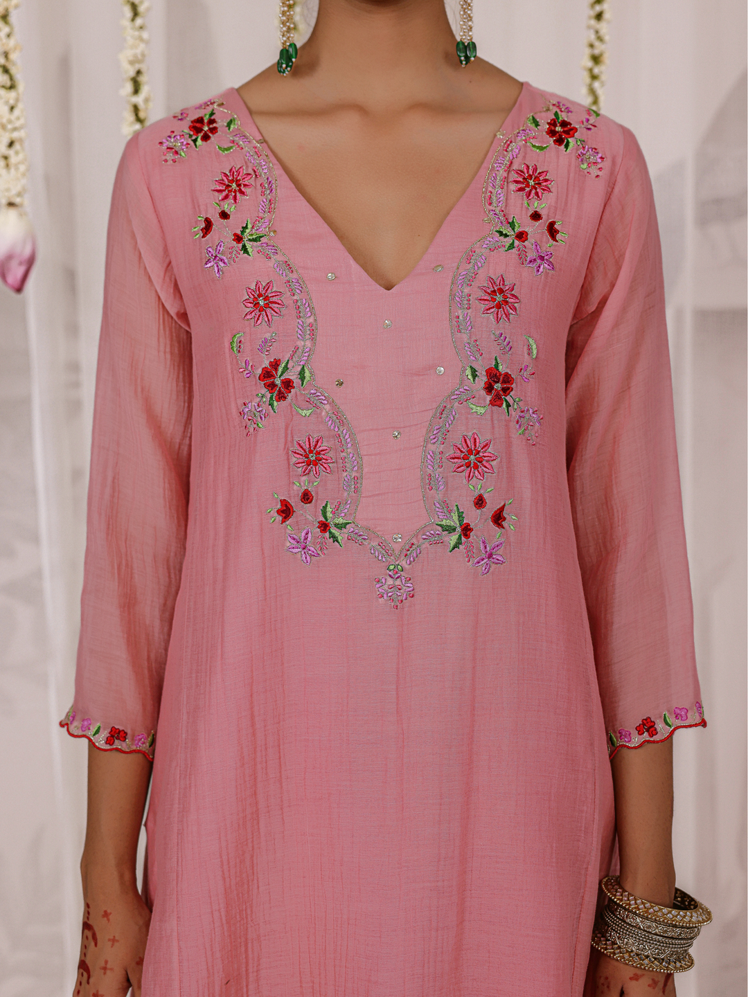 Blush Pink Kurta Set With Floral Embroidered Yoke