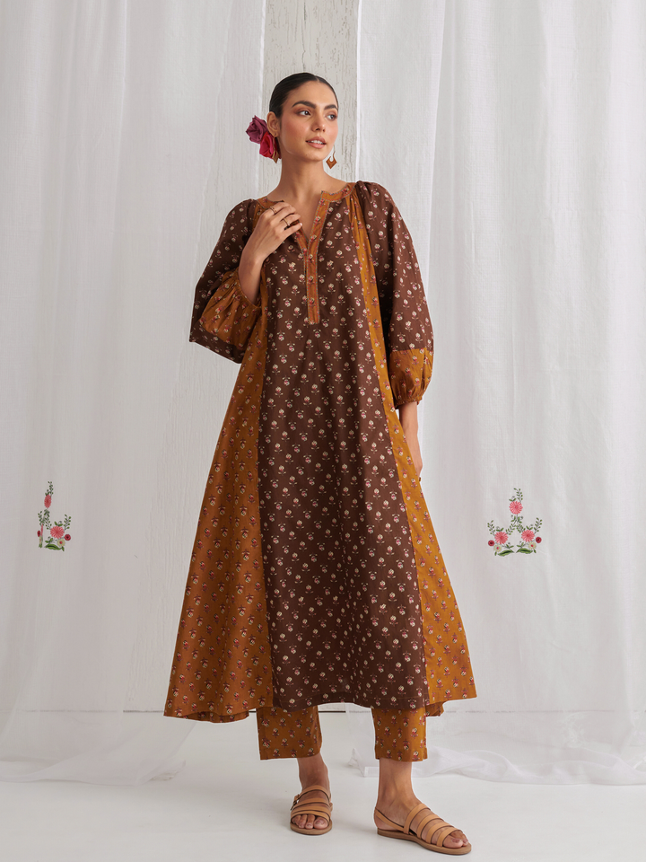Brown & Olive Floral A-Line Kurta Paired With Matching Pants