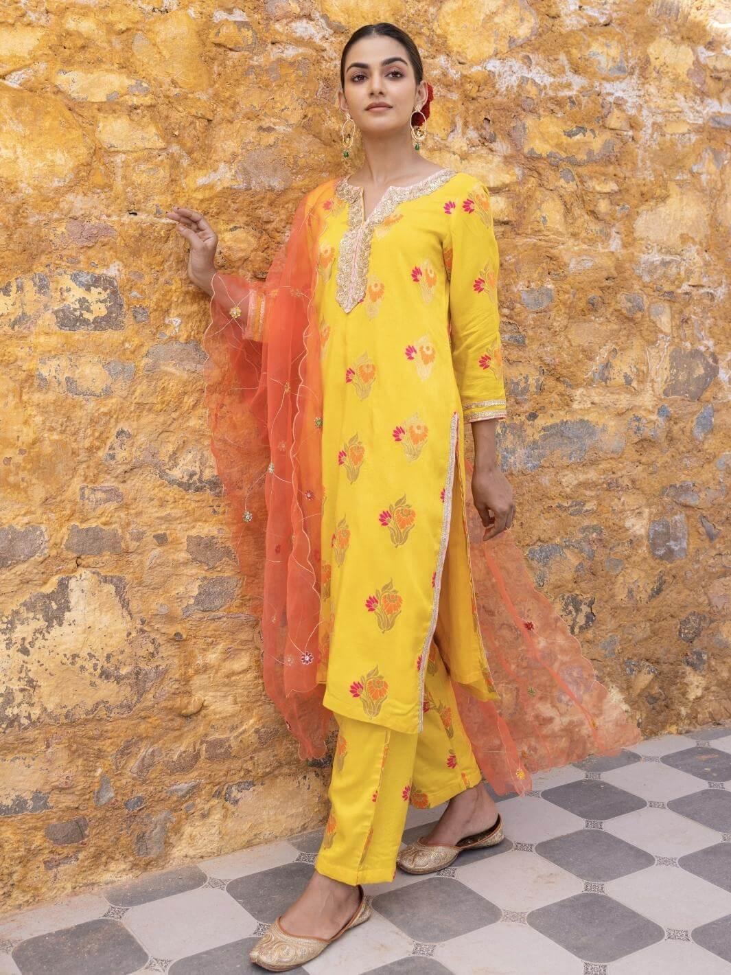 Yellow Ethnic Straight Kurta Set with Embroidered Dupatta - Myaara