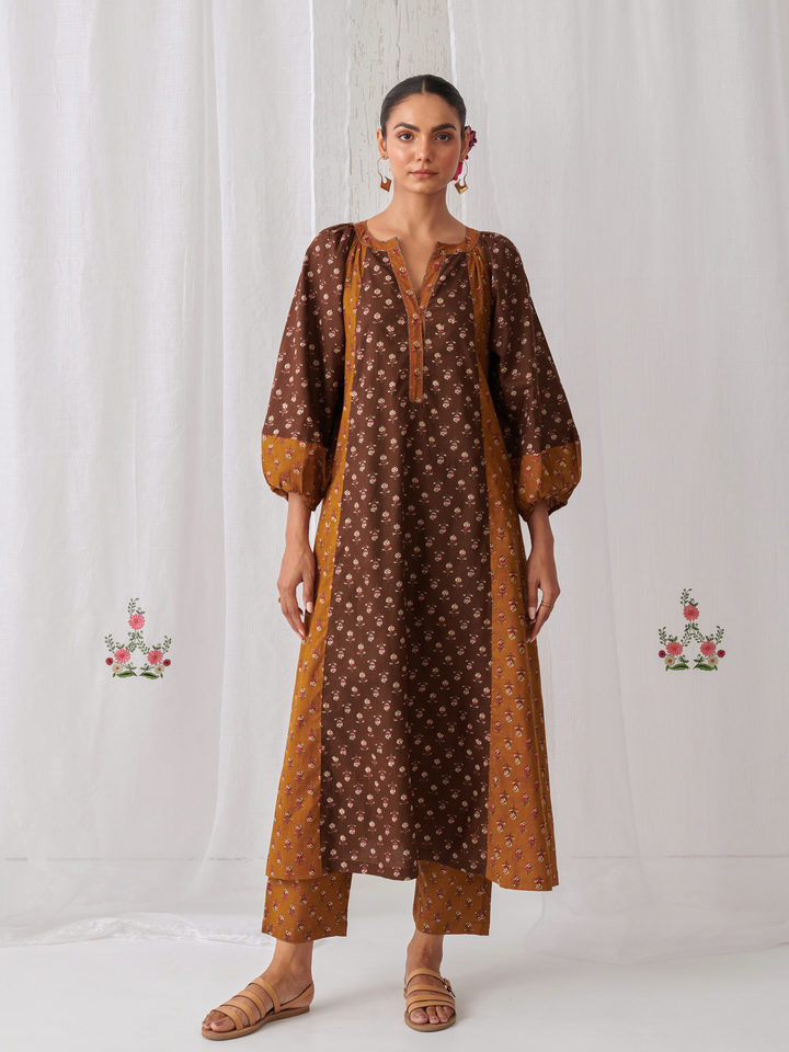 Brown & Olive Floral A-Line Kurta Paired With Matching Pants
