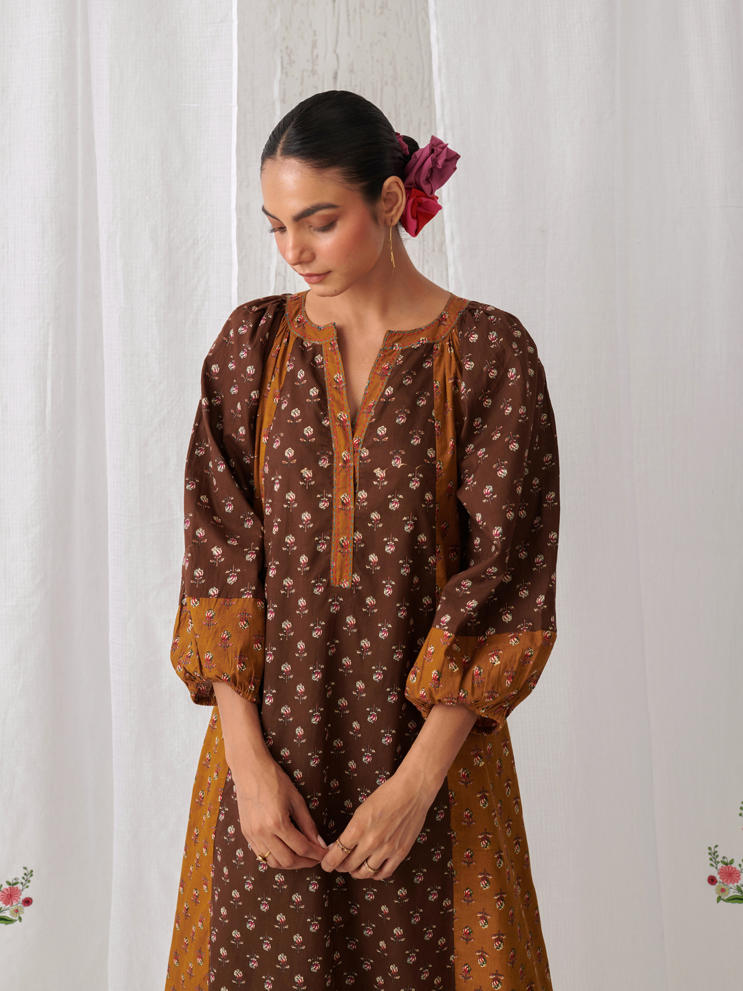Brown & Olive Floral A-Line Kurta Paired With Matching Pants