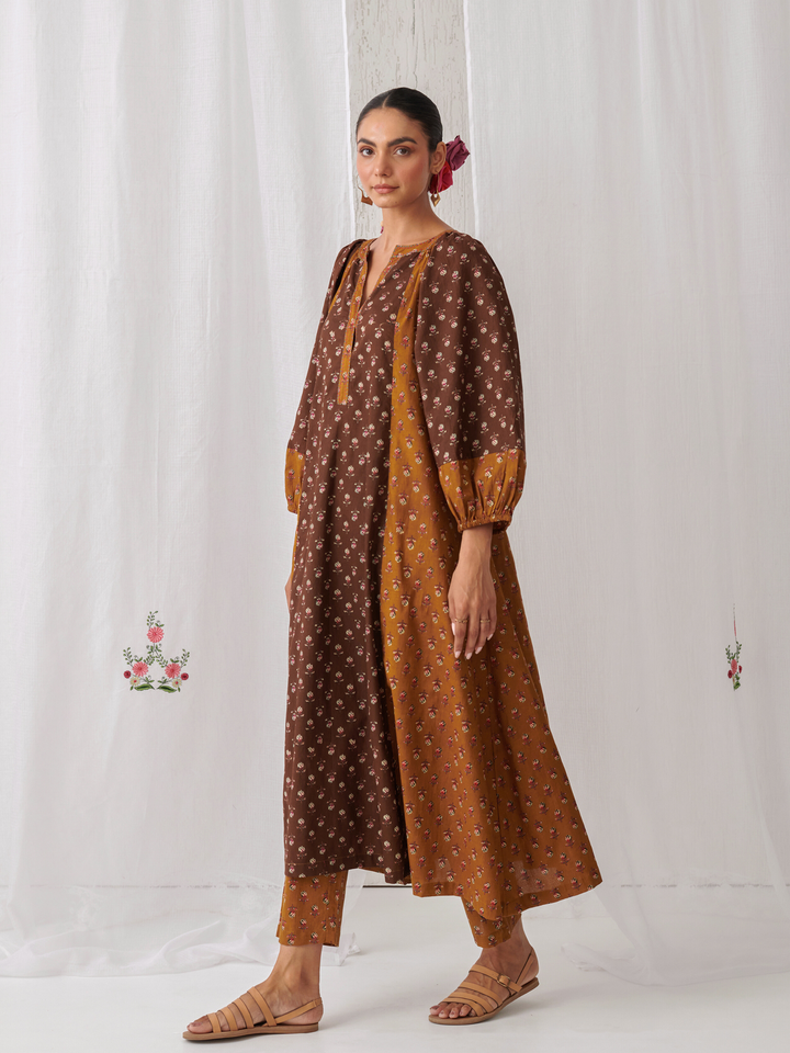 Brown & Olive Floral A-Line Kurta Paired With Matching Pants