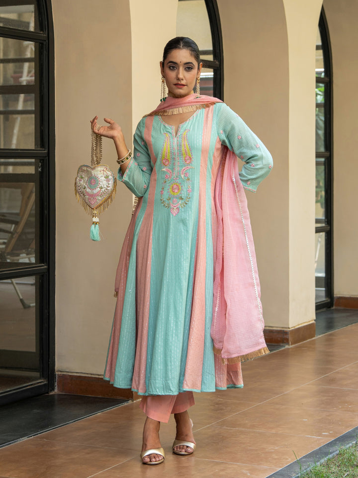 Peach & Mint Embroidered Panelled Anarkali Paired with Matching Pants & Dupatta