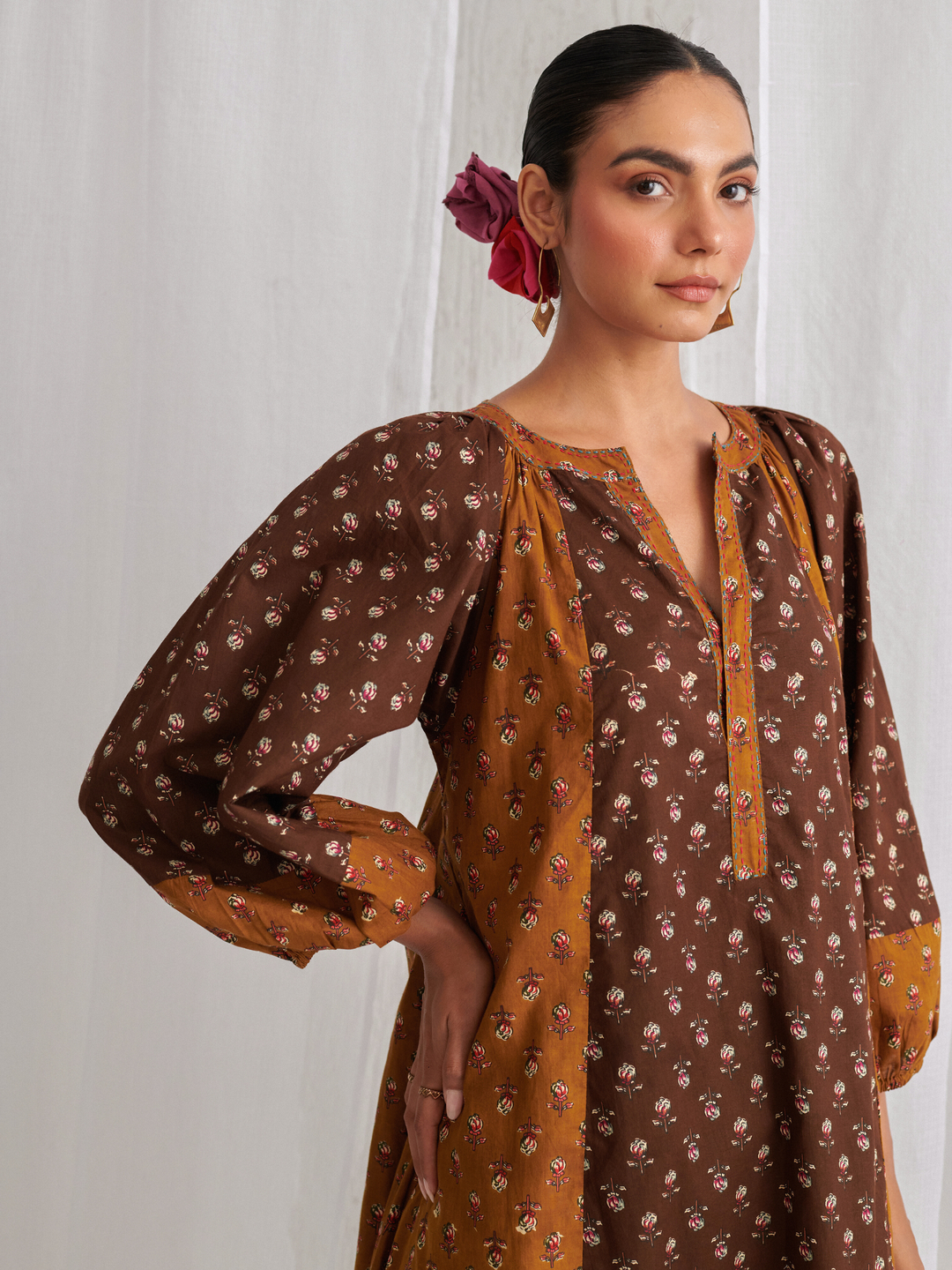 Brown & Olive Floral A-Line Kurta Paired With Matching Pants