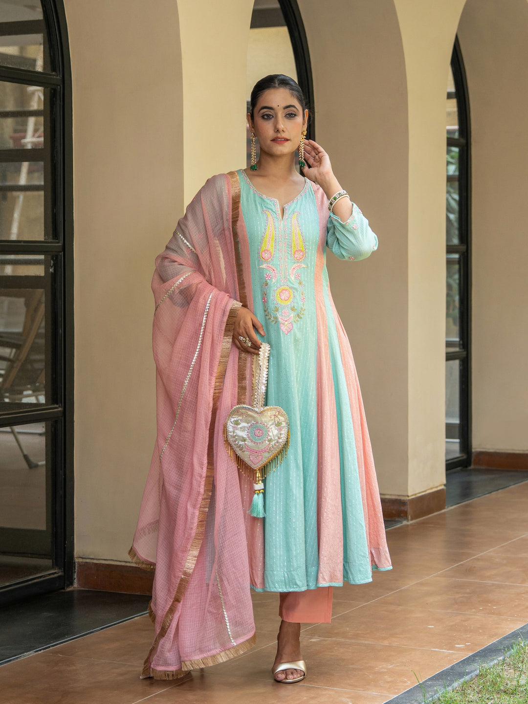 Peach & Mint Embroidered Panelled Anarkali Paired with Matching Pants & Dupatta