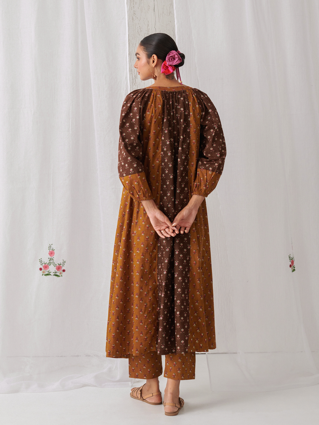 Brown & Olive Floral A-Line Kurta Paired With Matching Pants
