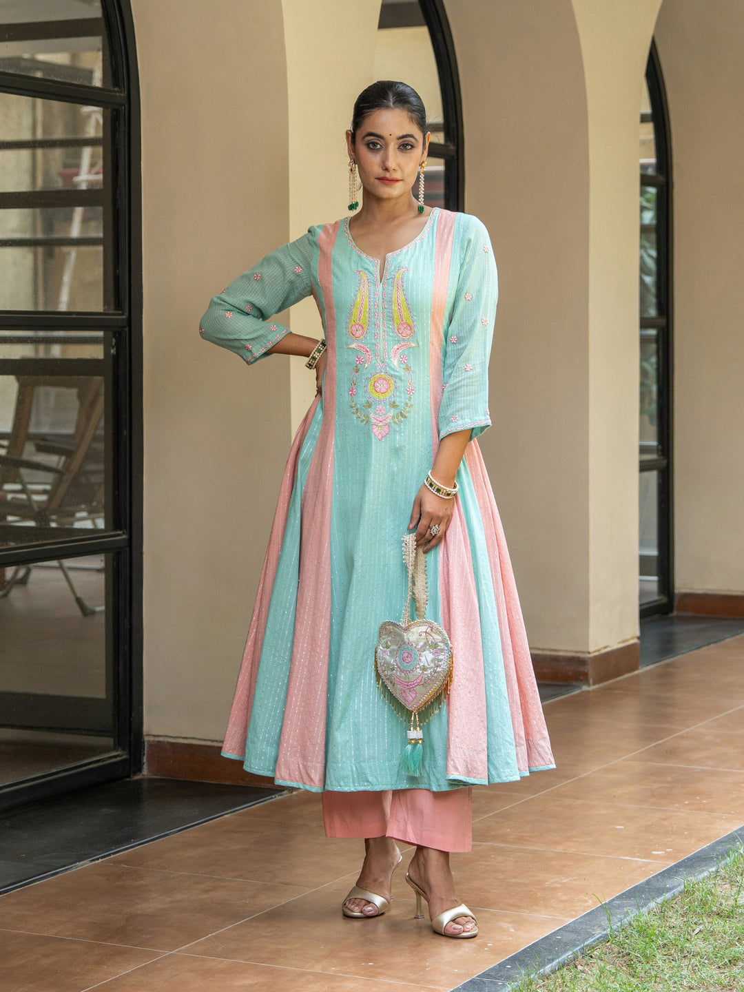 Peach & Mint Embroidered Panelled Anarkali Paired with Matching Pants & Dupatta