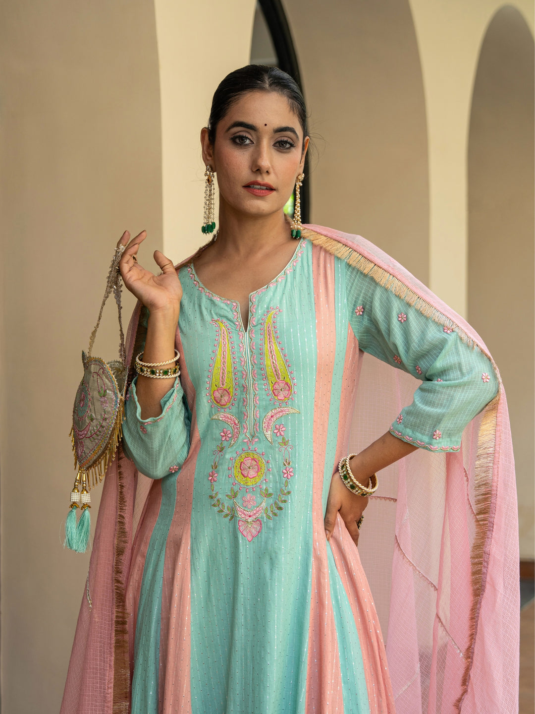 Peach & Mint Embroidered Panelled Anarkali Paired with Matching Pants & Dupatta