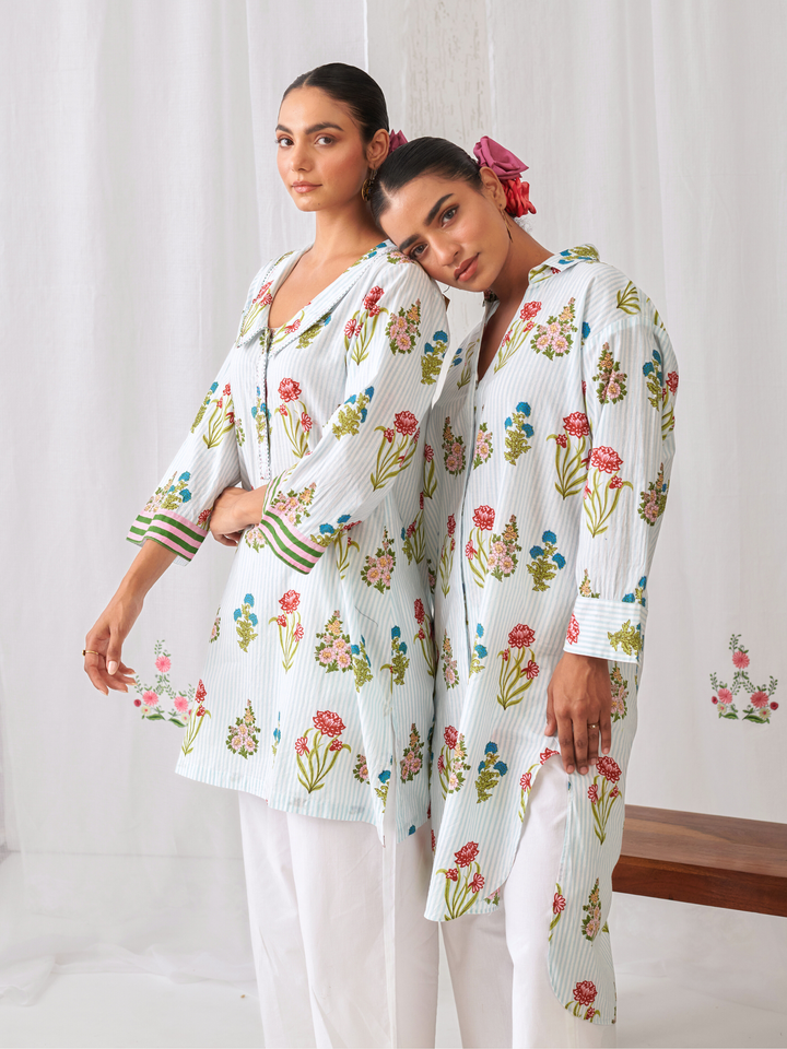 Aqua Floral Collared Short Kurta Paired With Curved  Hem White Pants