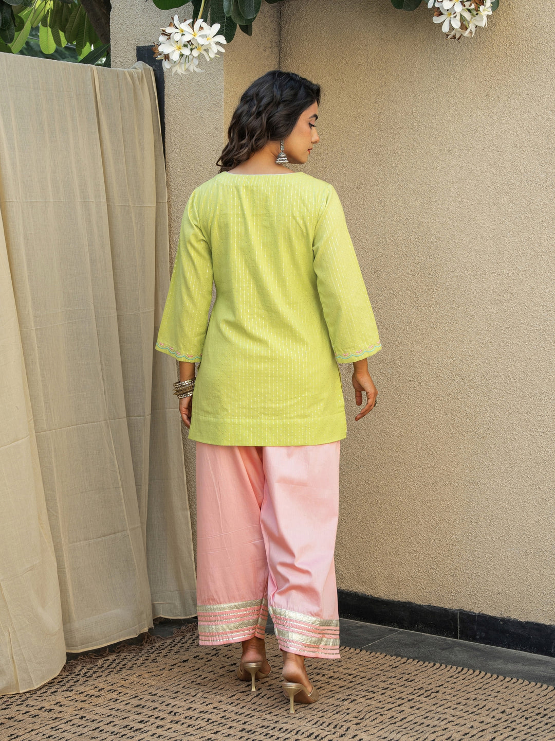 Lime Green Short Embroidered Kurta Paired With Farshi & Ombre Dupatta
