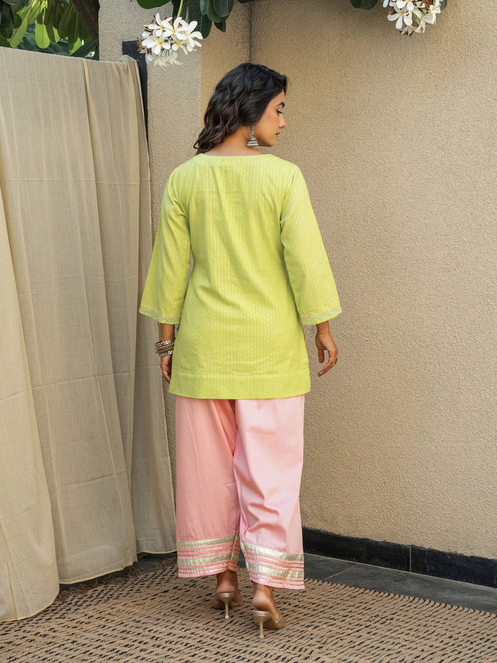 Lime Green Short Embroidered Kurta Paired With Farshi & Ombre Dupatta