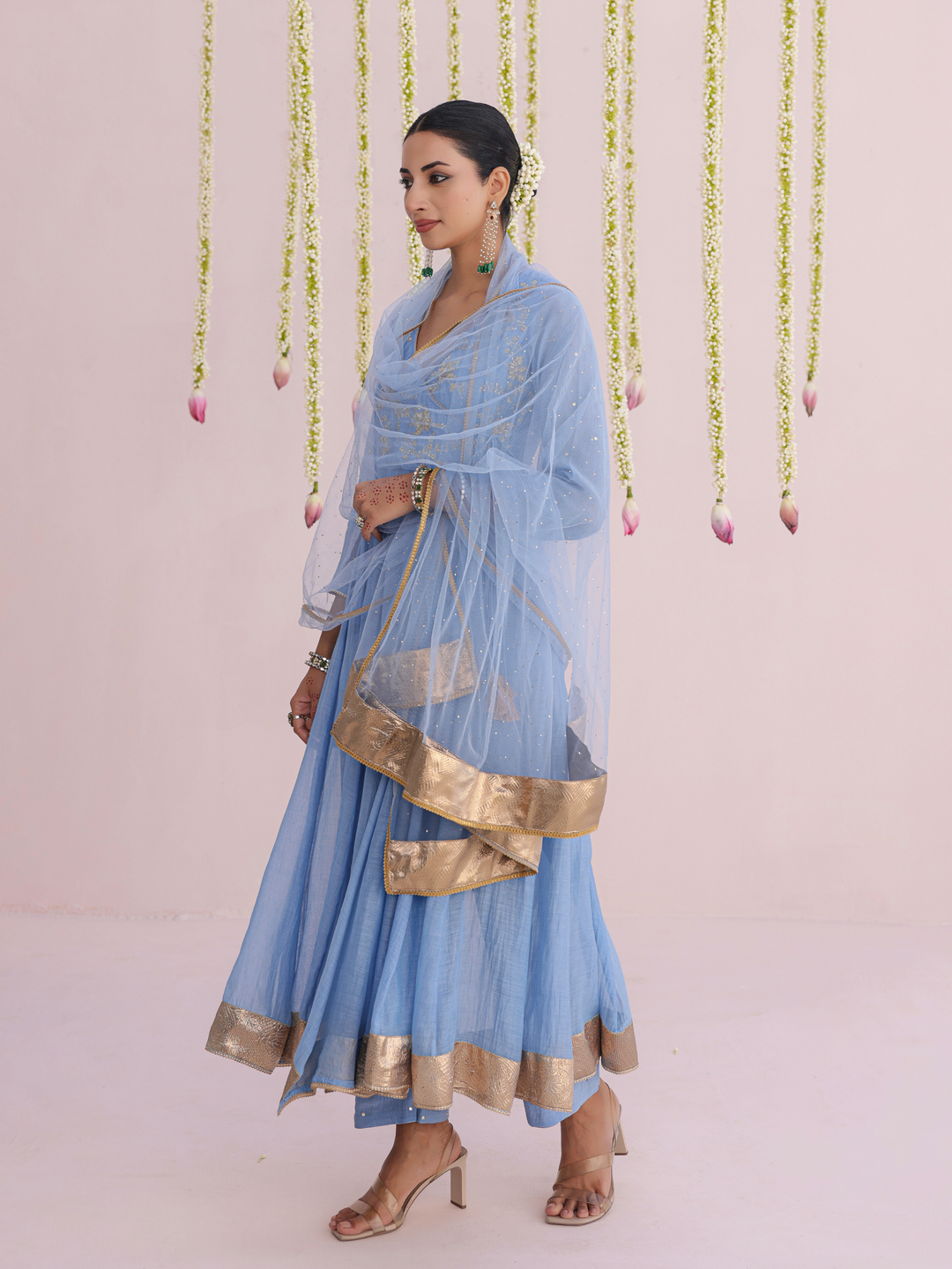 Dusty Blue Angarakha With Embroidered Yoke