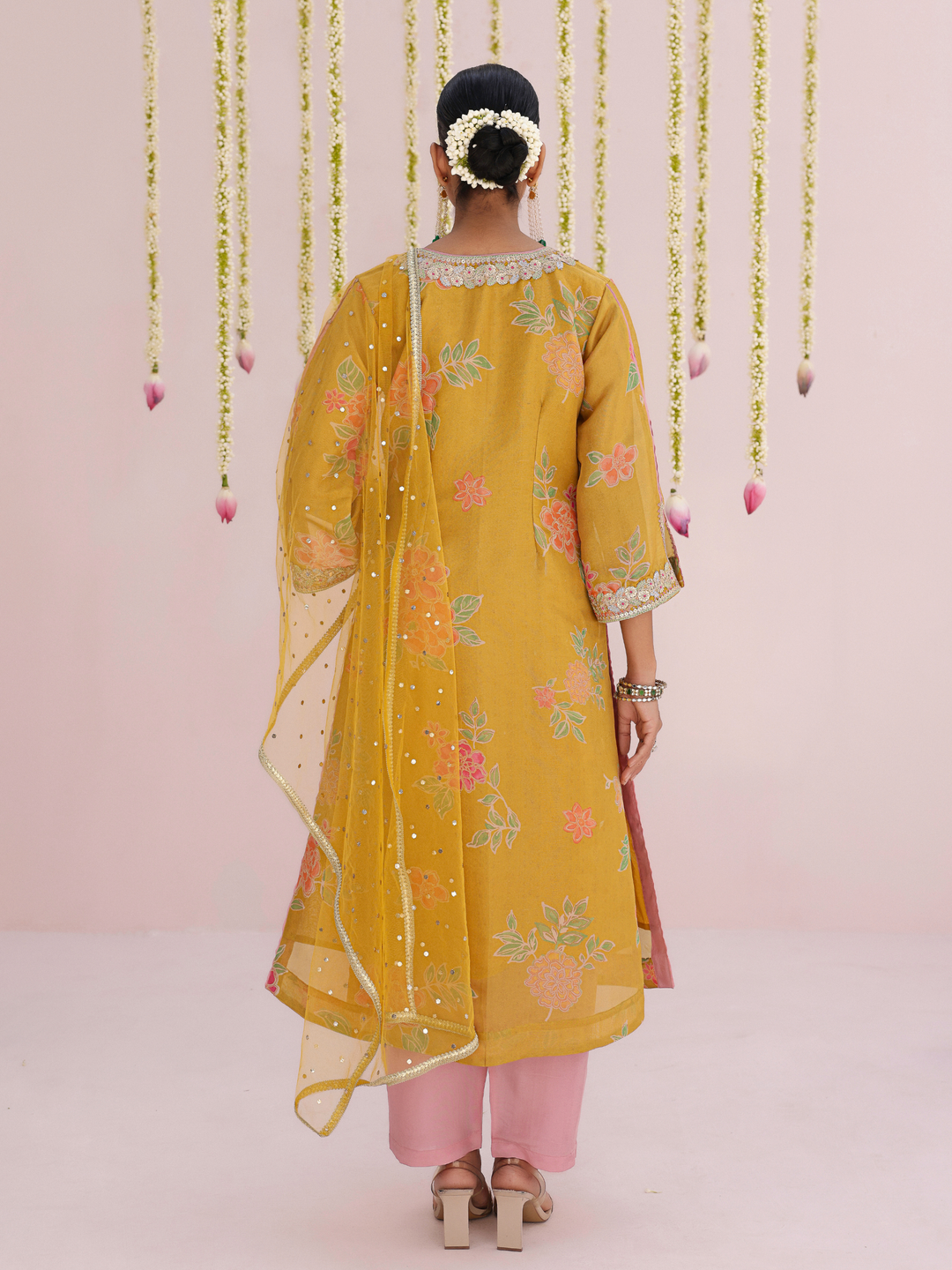 Mustard Kurta Set With Floral Print & Embroidered Neckline