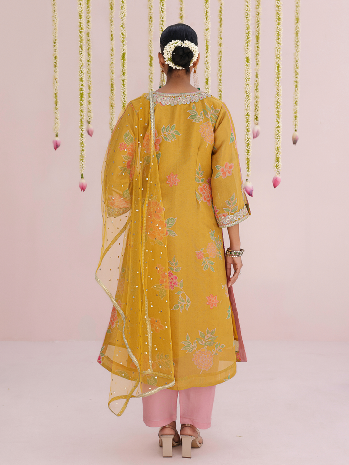 Mustard Kurta Set With Floral Print & Embroidered Neckline