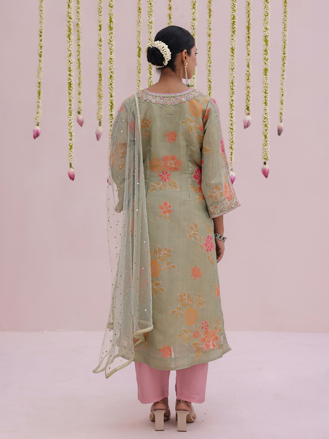 Mint Kurta Set With Floral Print & Embroidered Neckline