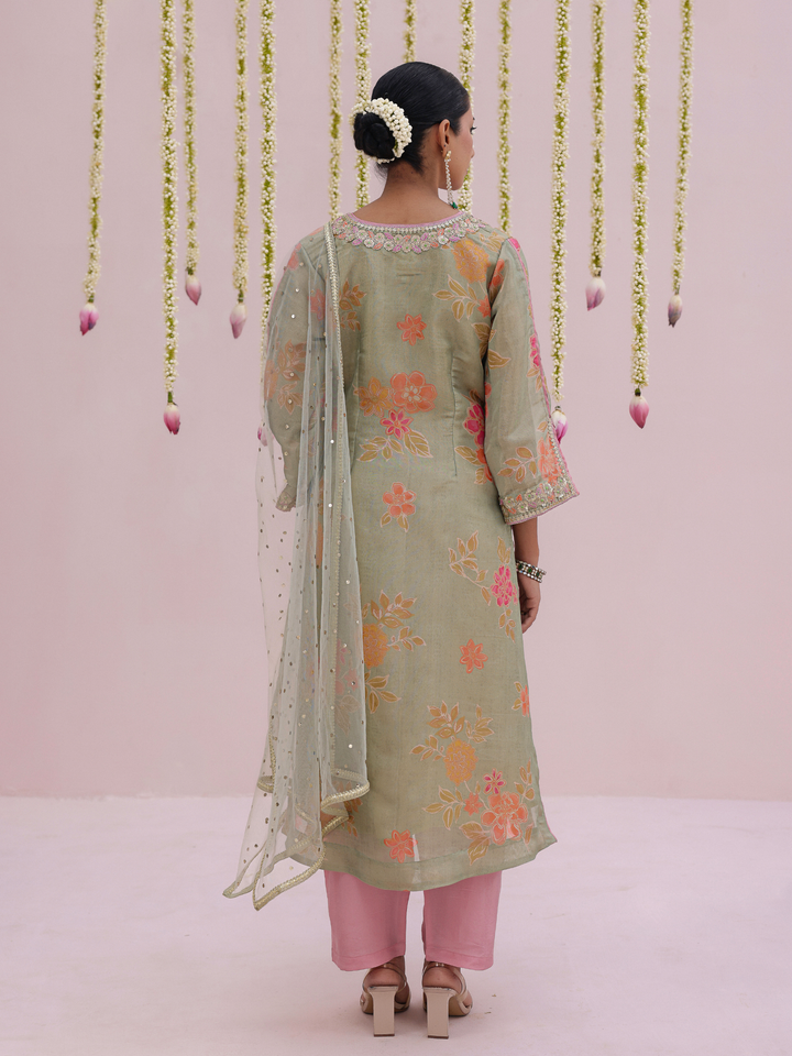 Mint Kurta Set With Floral Print & Embroidered Neckline