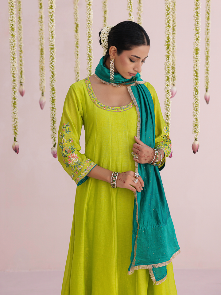 Lemon Anarkali Set With Floral Embroidery Details